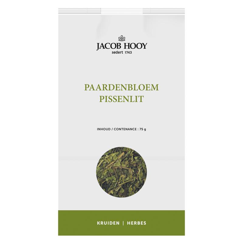 Jacob Hooy Paardenbloemkruid 75g herbal mix in a clear jar, showing dried yellow leaves and flowers for natural herbal remedy.
