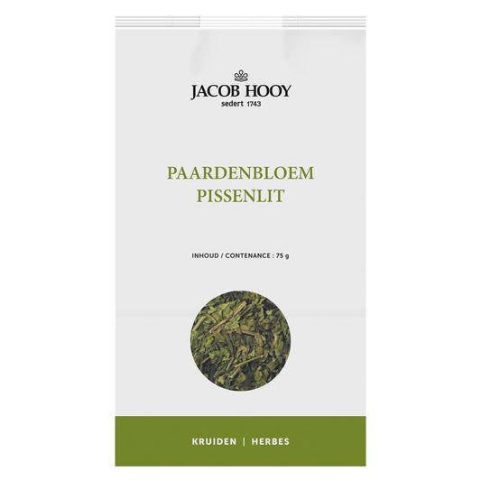 Jacob Hooy Paardenbloemkruid 75g herbal mix in a clear jar, showing dried yellow leaves and flowers for natural herbal remedy.