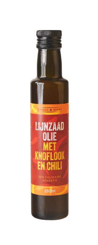 Omega & More flaxseed oil with garlic and chili in a 250ml bottle, showcasing the flavored oil with garlic cloves and chili peppers.