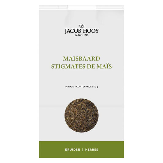 Jacob Hooy Maisbaard herbal seasoning in a 50g container, part of kruiden, zouten en maaltijdmixen, with fresh herbs and packaging visible.