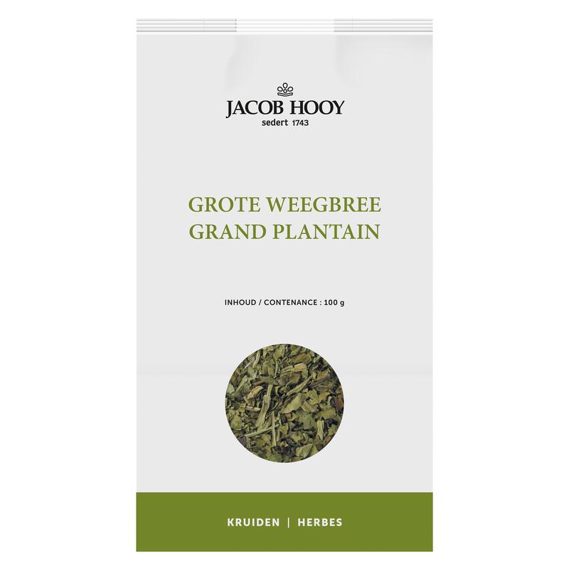 Jacob Hooy Weegbree herb in 100g package, part of kruiden, zouten en maaltijdmixen, shown in a clear container.