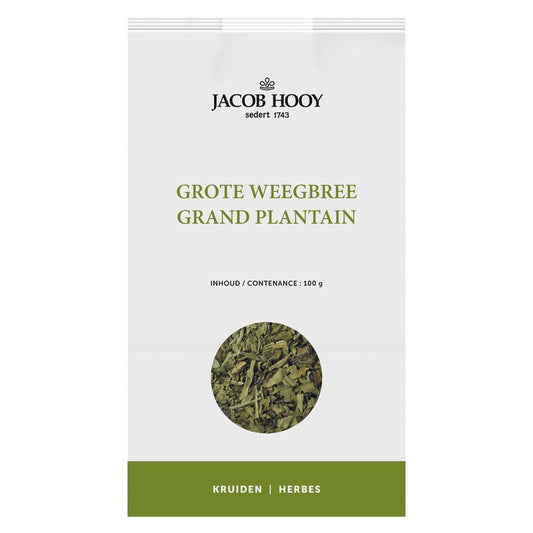 Jacob Hooy Weegbree herb in 100g package, part of kruiden, zouten en maaltijdmixen, shown in a clear container.