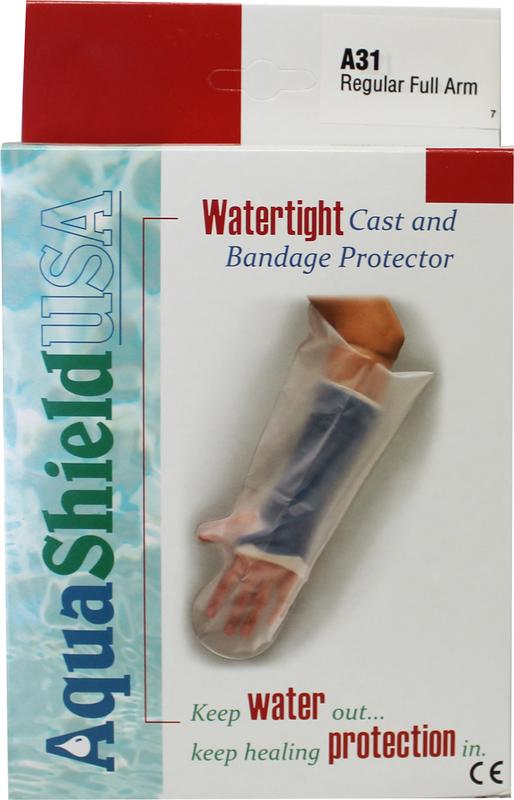 Aquashield shower and bath protective cover for full arm, 1.00 piece, showing the waterproof sleeve in use