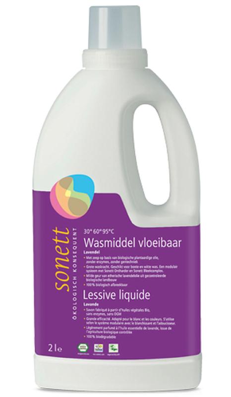 Sonett lavendel vloeibaar wasmiddel in 2-liter bottle, natural laundry detergent for fresh, fragrant clothes.