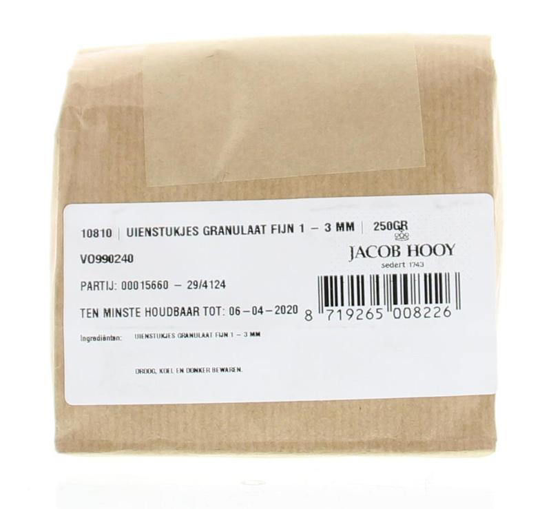 Jacob Hooy Uienstukjes granulaat, 250g, herbal seasoning mix with herbs, salts, and meal ingredients in a clear container.