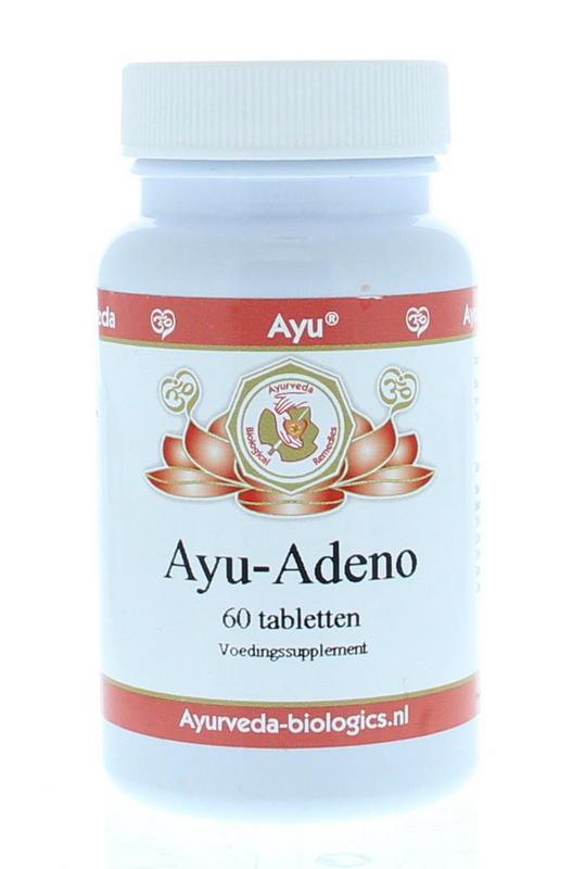 Ayurveda BR adeno herbal supplement capsules in a bottle, part of Ayurveda kruidenpreparaten line, on a white background.