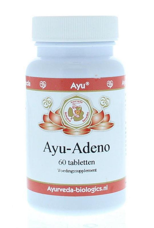 Ayurveda BR adeno herbal supplement capsules in a bottle, part of Ayurveda kruidenpreparaten line, on a white background.