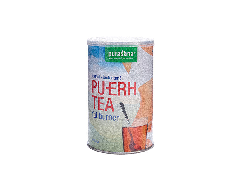 Purasana Pu-erh thee instant vegan in a 200g container, showcasing the tea leaves and packaging.