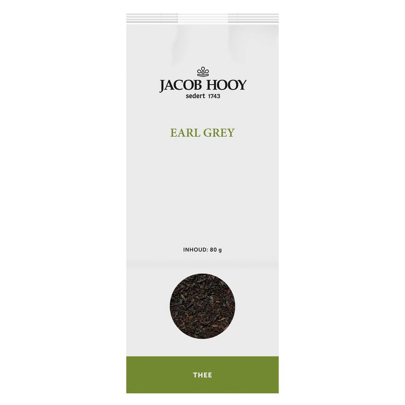 Jacob Hooy Earl Grey tea in an 80g package, featuring a box of premium tea bags with a classic Earl Grey label.