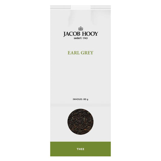 Jacob Hooy Earl Grey tea in an 80g package, featuring a box of premium tea bags with a classic Earl Grey label.
