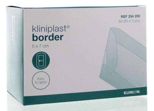 Kliniplast Eilandpleister 4294200, 5x7cm adhesive bandages for wound care, displayed in a box with multiple strips.