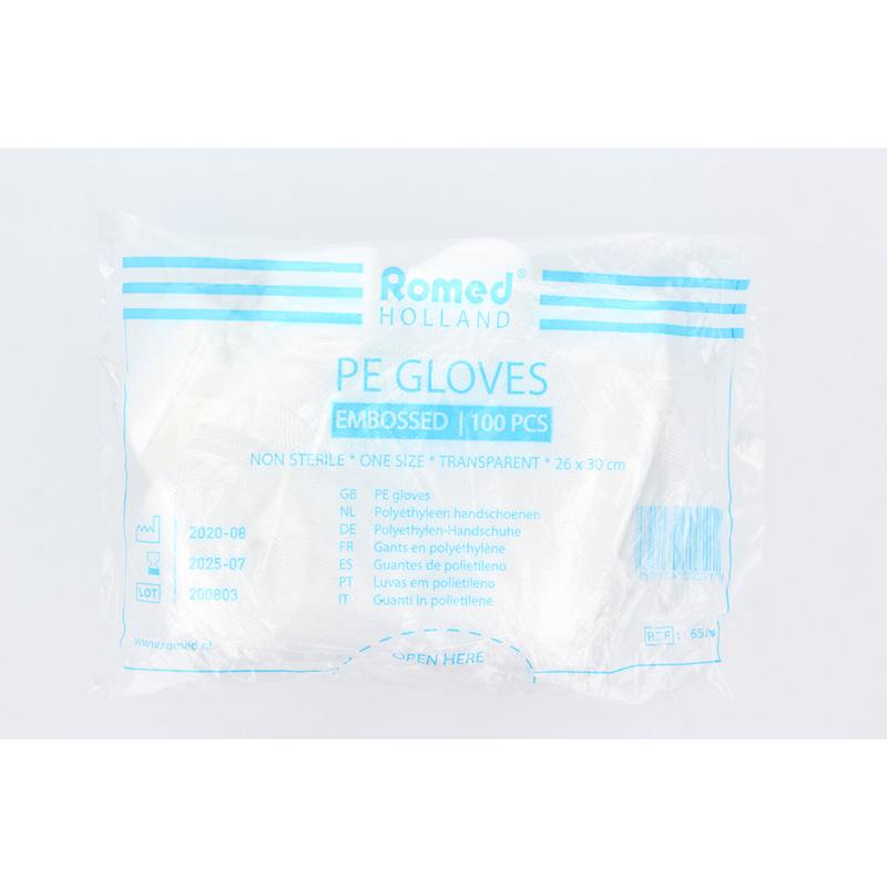 Romed polyester household gloves with rough texture, shown in a box of 100 for cleaning and household tasks.