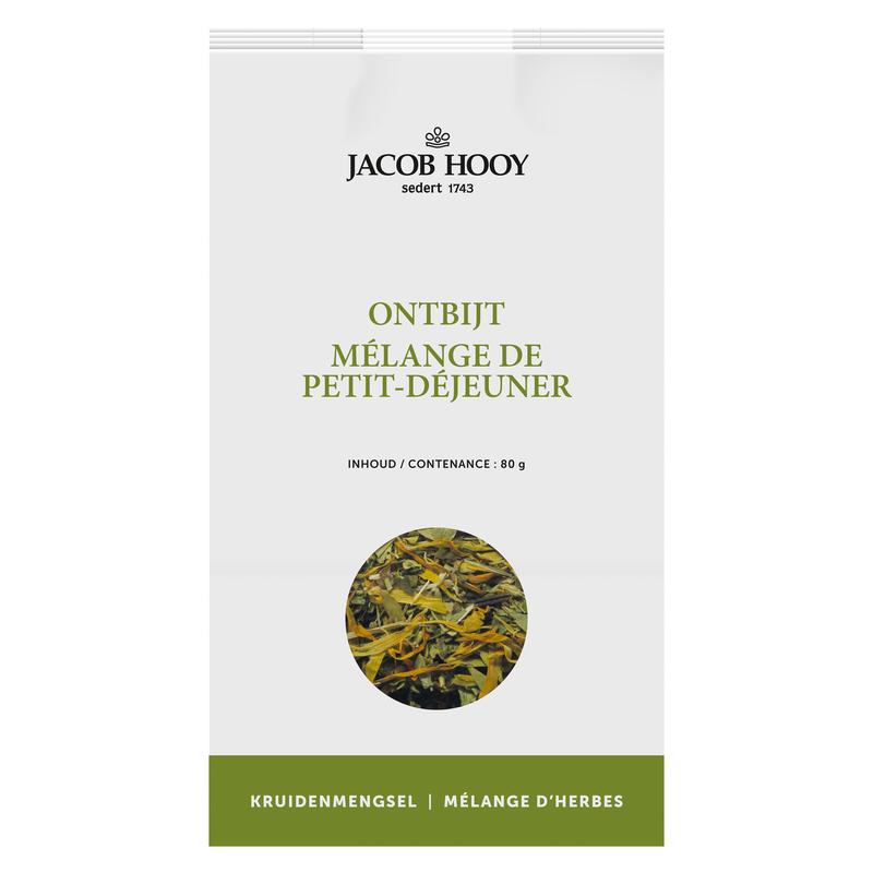 Jacob Hooy Ontbijtkruiden in 80g jar, a herbal breakfast spice blend from Jacob Hooy, with colorful herbs and spices visible.