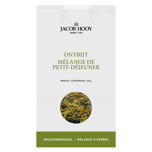 Jacob Hooy Ontbijtkruiden in 80g jar, a herbal breakfast spice blend from Jacob Hooy, with colorful herbs and spices visible.