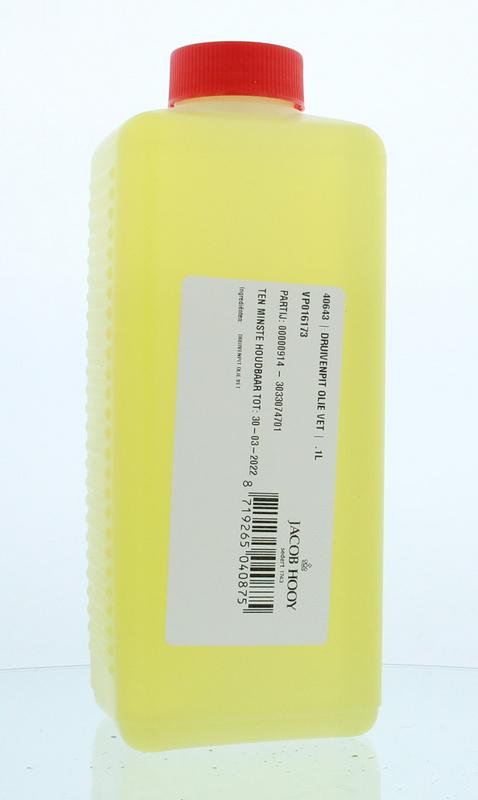 Jacob Hooy grape seed oil bottle, 1 liter, in a clear container, showing the label and golden-colored oil inside.
