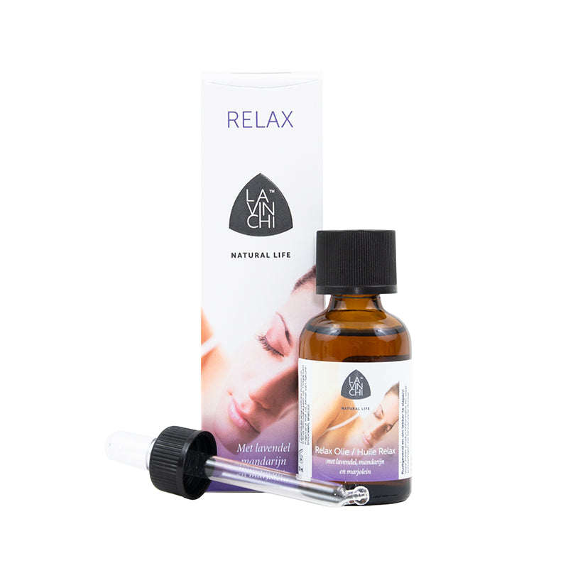Chi Lavinchi Relax olie in 30ml bottle, natural essential oil with calming properties, shown in a clear glass bottle.