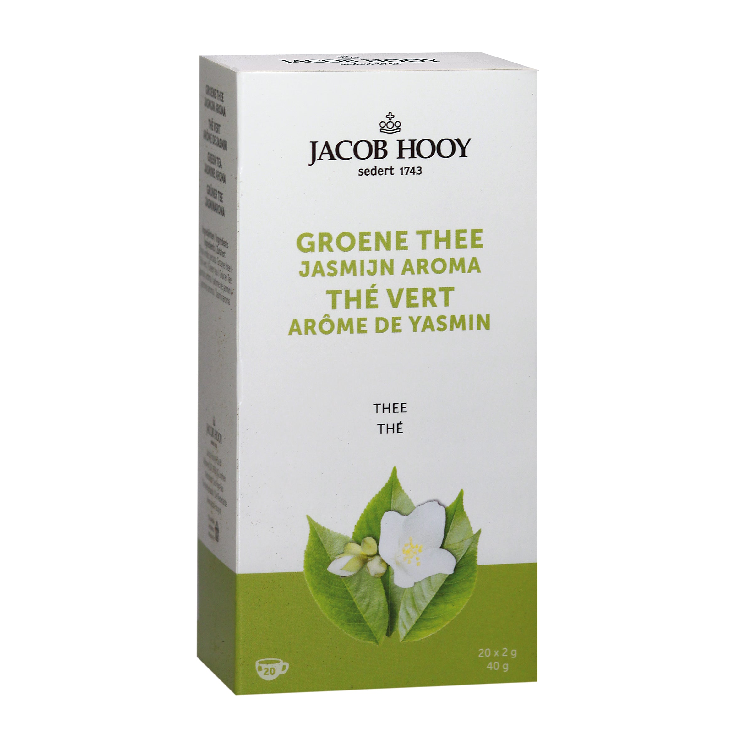 Jacob Hooy jasmine green tea bags in a package of 20, showcasing the vibrant green tea leaves and jasmine flowers.