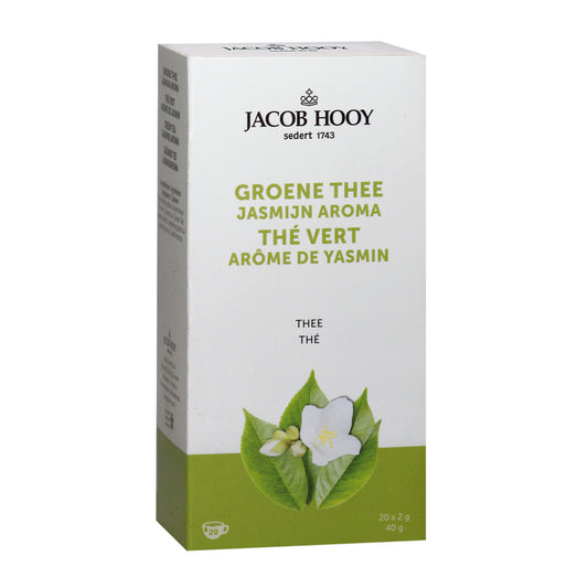 Jacob Hooy jasmine green tea bags in a package of 20, showcasing the vibrant green tea leaves and jasmine flowers.
