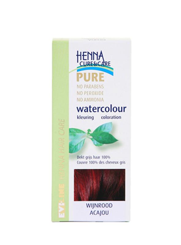 Henna Cure&Care Watercolour wijnrood hair coloring in 5g package showing vibrant wine-red shade and product packaging.