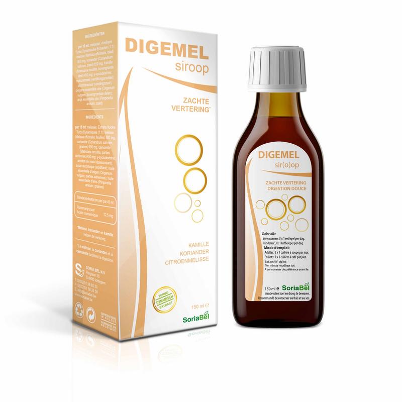 SoriaBel Digemel herbal syrup bottle, 150ml, with a label showing herbal ingredients, in a clear glass bottle.