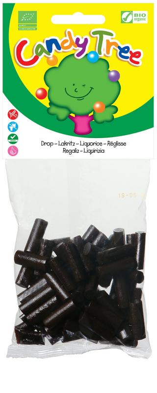 Candy Tree Dropjes zoet glutenvrij bio snoepgoed in 100g package, colorful chewy licorice treats on a white background.
