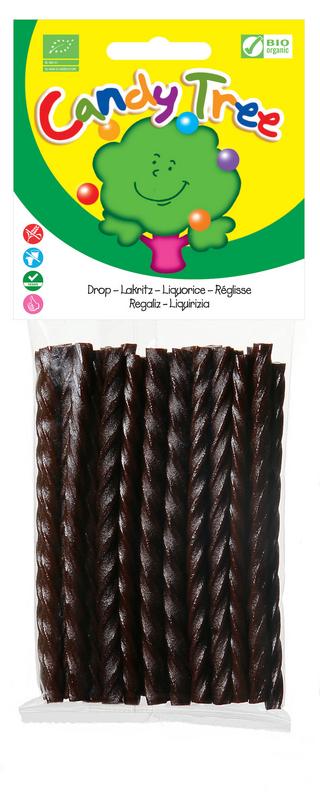 Candy Tree Dropkabels zoet glutenvrij bio snoepgoed in 100 gram package, showing colorful, chewy candy pieces.