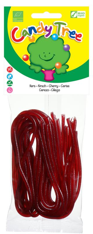 Candy Tree Kersenveters bio, 75g, organic candy treats with colorful cherry-flavored licorice twists.