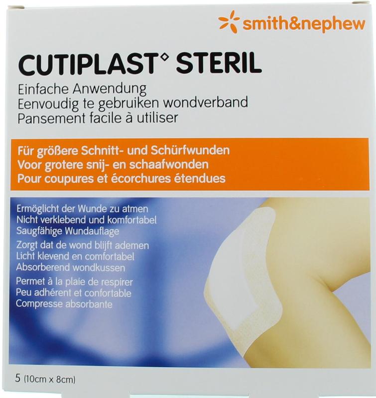 Pack of five Cutiplast sterile adhesive dressings, 10x8cm, from the Cutiplast pleisters en tape collection, suitable for wound care.