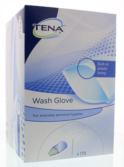 Tena washcloth with plastic lining, suitable for body cleaning, shown in the image with soft texture and waterproof layer.