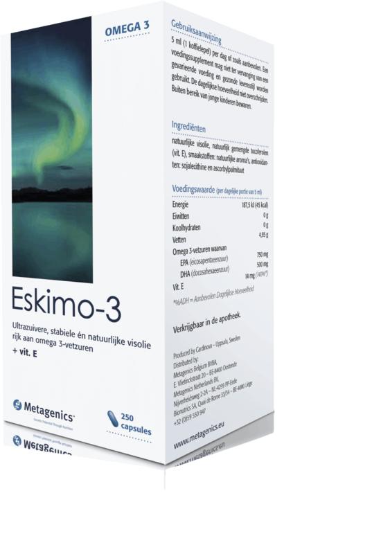Metagenics Eskimo 3 Vetzuren capsules, omega-3 supplement with 250 capsules, displayed in a clear container.