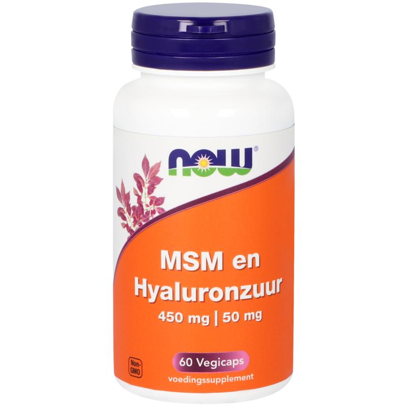 Vegetarian capsules of NOW MSM 450mg with hyaluronic acid 50mg, dietary supplement for joint and skin health.