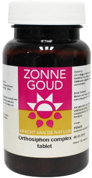 Zonnegoud Orthosiphon complex herbal supplement in a bottle of 120 tablets, showcasing the product packaging and tablets inside.