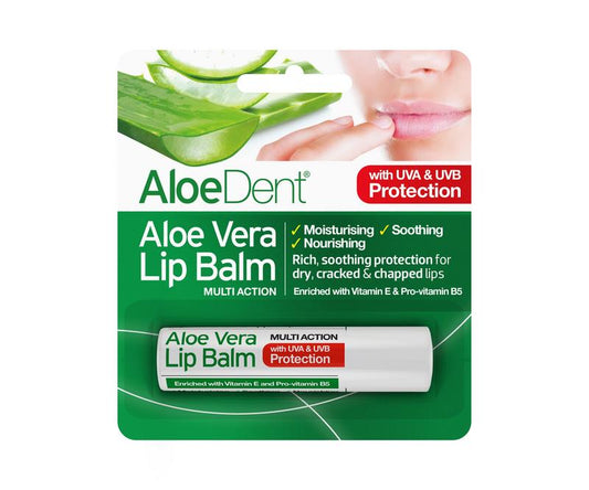 Optima Aloe dent aloe vera lip balm stick, 4g, moisturizing lip care product with aloe vera for smooth, healthy lips