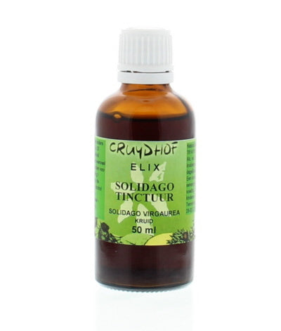 Elix Solidago tinctuur in 50ml bottle, herbal remedy from Elix, featuring fresh goldenrod plant in a glass container.
