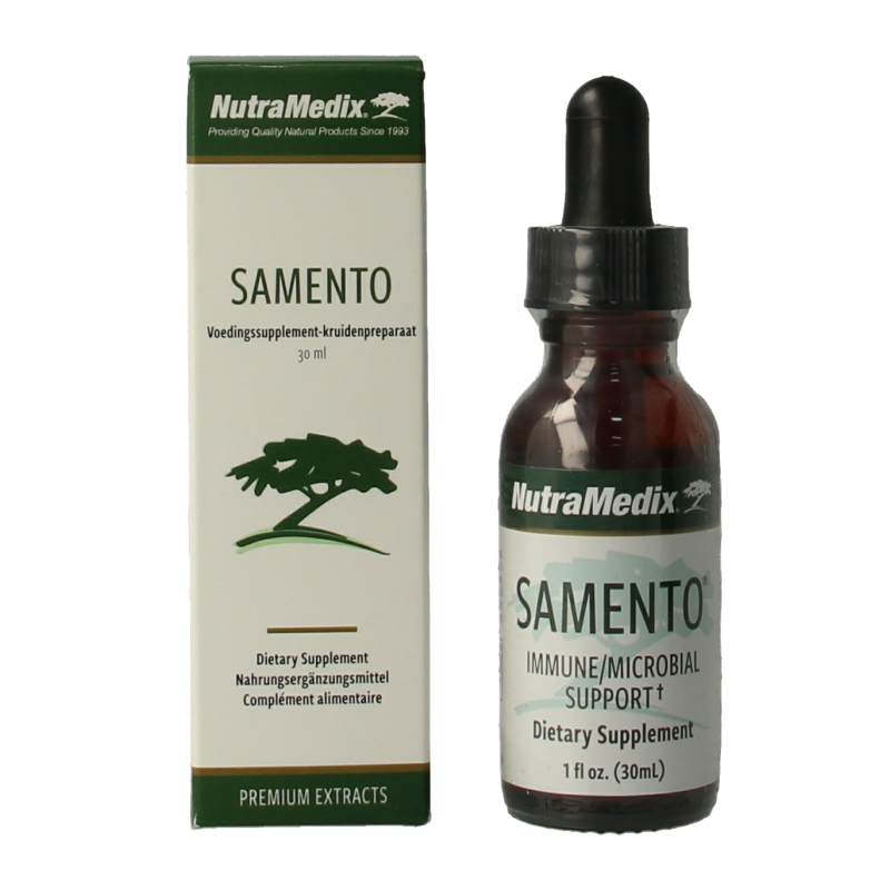Nutramedix Samento cat's claw herbal supplement in 30ml bottle, natural herbal remedy for health support.