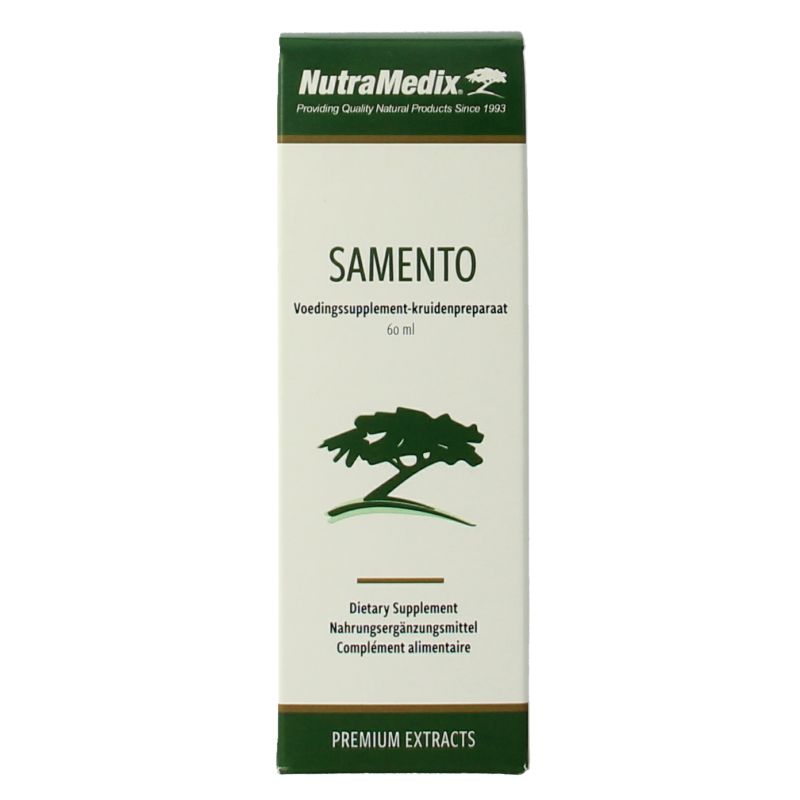 Nutramedix Samento cat's claw herbal supplement in a 60ml bottle, showing the herbal extract and packaging details.