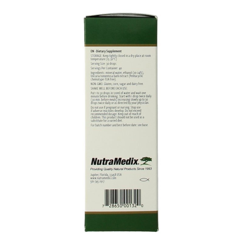 Nutramedix Samento cat's claw herbal supplement in a 60ml bottle, natural herbal preparation for wellness.