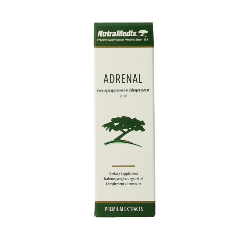 Bottle of Nutramedix Adrenal Energy Support herbal tincture, 30ml, with dropper cap and herbal labels.