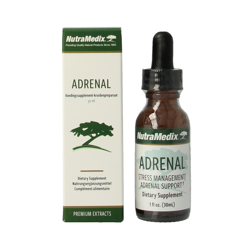 Bottle of Nutramedix Adrenal Energy Support herbal tincture in 30ml dropper bottle, herbal supplement for adrenal health.