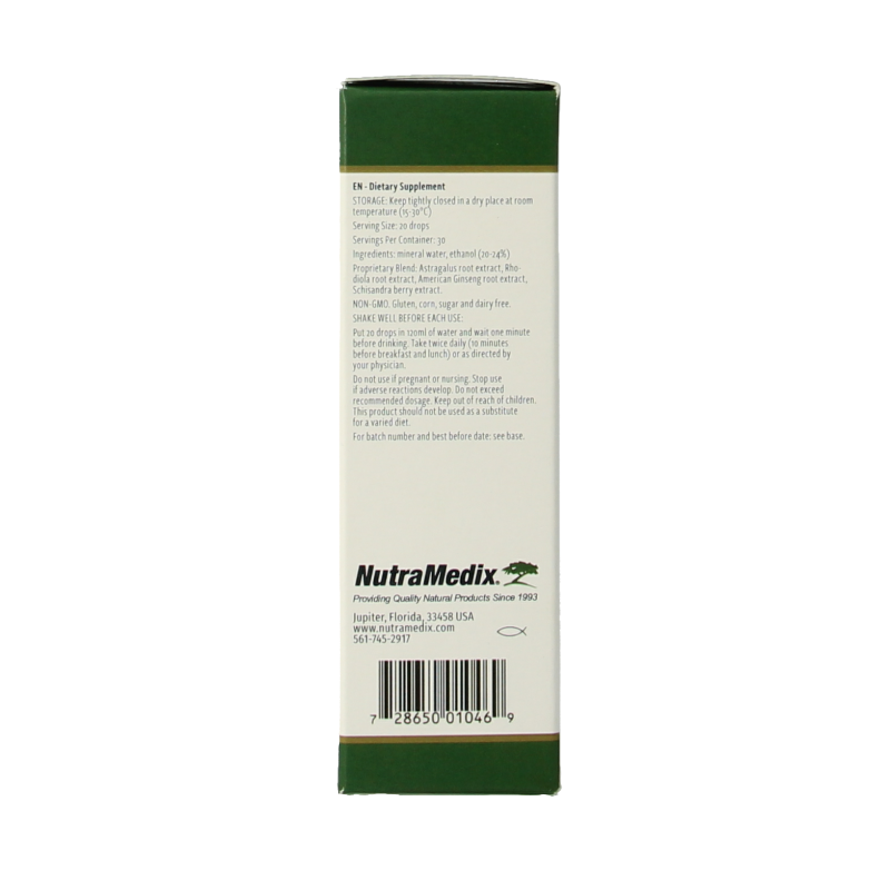 Nutramedix Adrenal Energy Support herbal tincture in a 30ml bottle, used for adrenal health and energy enhancement.
