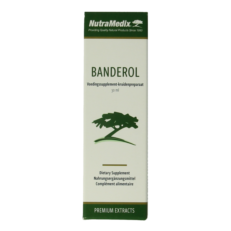 Nutramedix Banderol herbal supplement bottle, 30 milliliters, in a natural health product packaging.