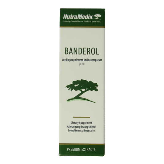 Nutramedix Banderol herbal supplement bottle, 30 milliliters, in a natural health product packaging.