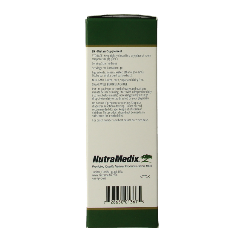 Nutramedix Banderol herbal supplement bottle, 60ml, in a clear glass container with a white label and black cap.