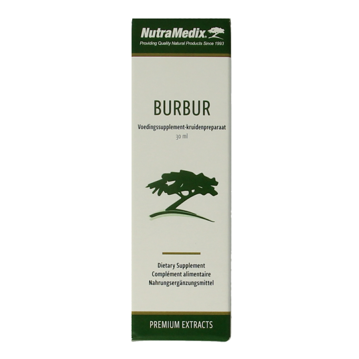 Nutramedix Burbur herbal supplement bottle with 30ml size, featuring herbal ingredients in a clear glass container.