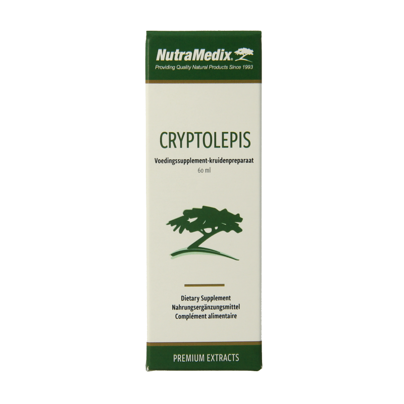 Bottle of Nutramedix Cryptolepis herbal extract, 60ml, in a clear glass bottle with a white label.