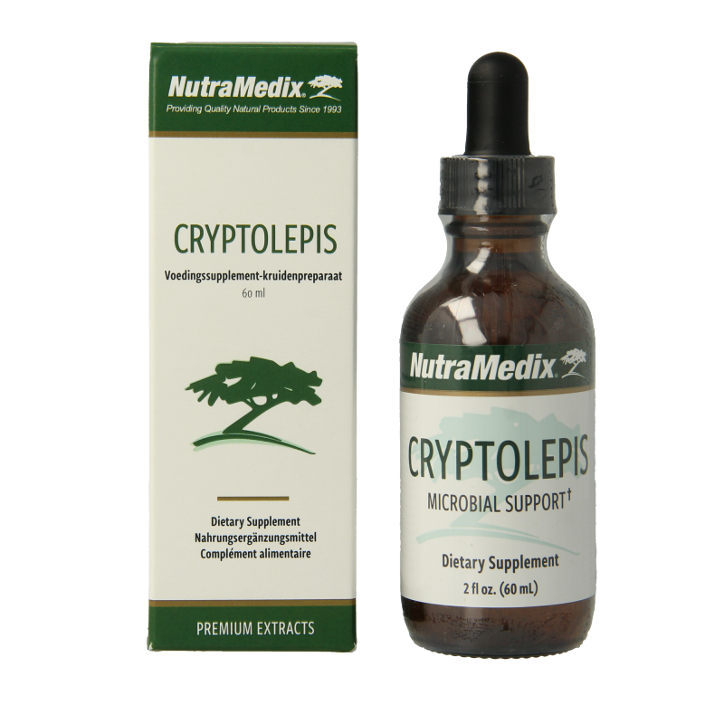 Nutramedix Cryptolepis herbal supplement bottle, 60ml, natural kruidenpreparaten with green label and dropper cap.