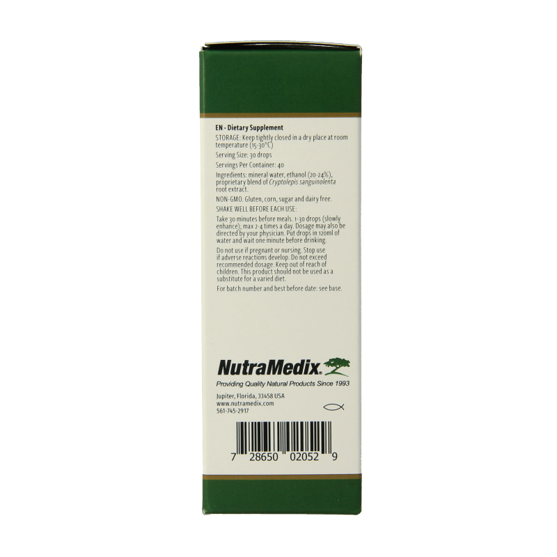 Nutramedix Cryptolepis herbal supplement in a 60ml bottle, part of Nutramedix's kruidpreparaten line, shown in the image.