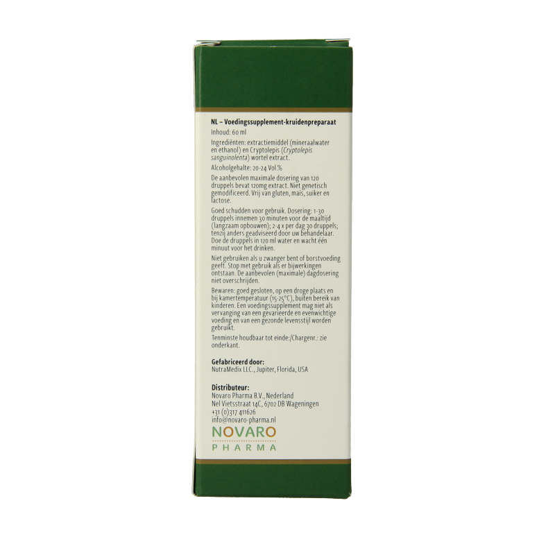 Bottle of Nutramedix Cryptolepis herbal supplement in 60ml dropper bottle, part of Nutramedix kruidenpreparaten collection.
