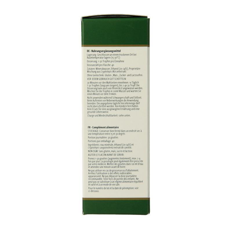 Bottle of Nutramedix Cryptolepis herbal supplement, 60ml, in a clear bottle with label showing product details.