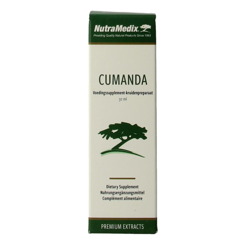 Nutramedix Cumanda herbal supplement in a 30ml bottle, part of Nutramedix's kruidenpreparaten for natural health.